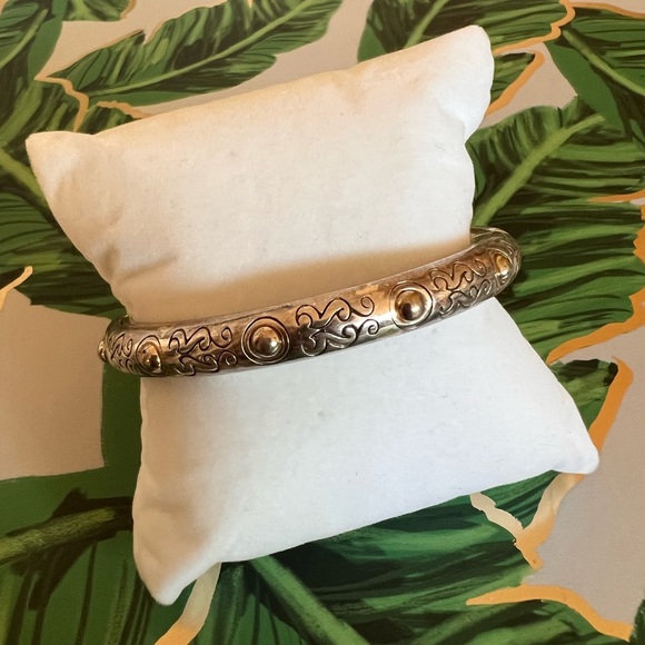 BRIGHTON Aires Hinged Bangle Two Tone Gold & Silver Plated Etched Magnetic Clasp - Picture 11 of 13